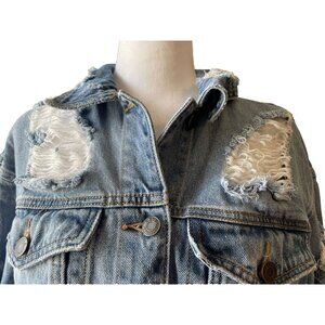 Distressed Shredded Denim Jean Trucker Jacket Womens Size Small Boho Festival